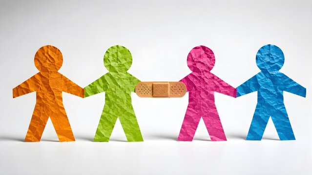 Colorful paper chain people connected together symbolizing teamwork unity diversity inclusion and social collaboration