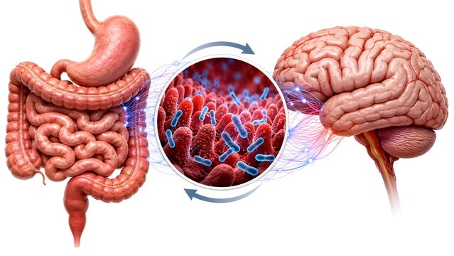 Gut brain axis concept showing digestive system microbiome and brain communication through intestinal bacteria