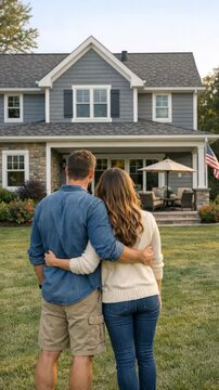 A man and woman hugging in front of a residential home with an American flag flying on the porch.
