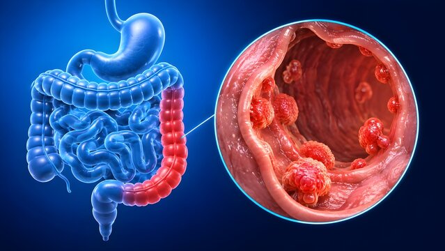 Digestive system and inflamed colon medical illustration representing inflammatory bowel disease colorectal health and gastrointestinal disorders