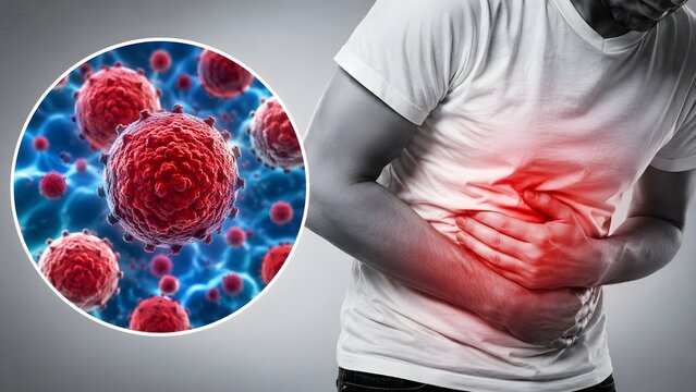 Stomach pain with viral infection concept illustrating gastrointestinal illness digestive disorders and pathogen exposure