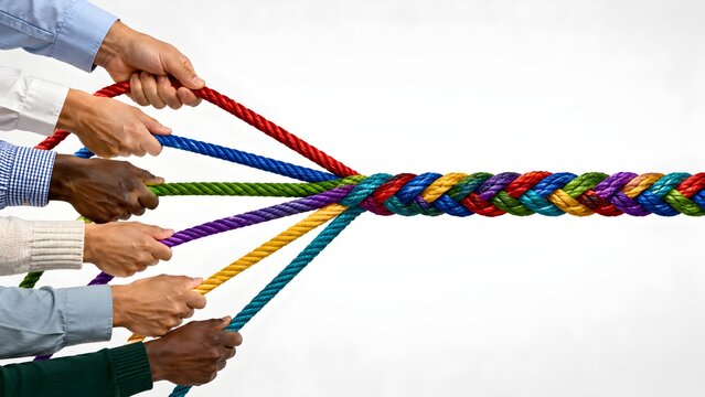 Teamwork and collaboration concept with people pulling colorful ropes together symbolizing unity cooperation and shared success