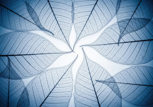 Close-up view of delicate skeletonized leaves forming circular pattern with intricate vein structure on white background science.