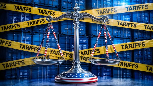 Tariff policy and international trade regulation concept with scales cargo cranes and global commerce implications