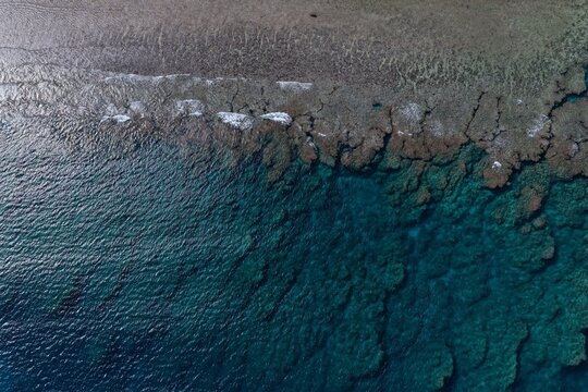 Aerial view of the coastline at Miyakojima, Okinawa, Japan.
