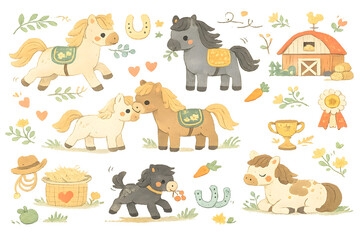 Fototapeta premium Watercolor Pony Collection with Farm and Equestrian Elements
