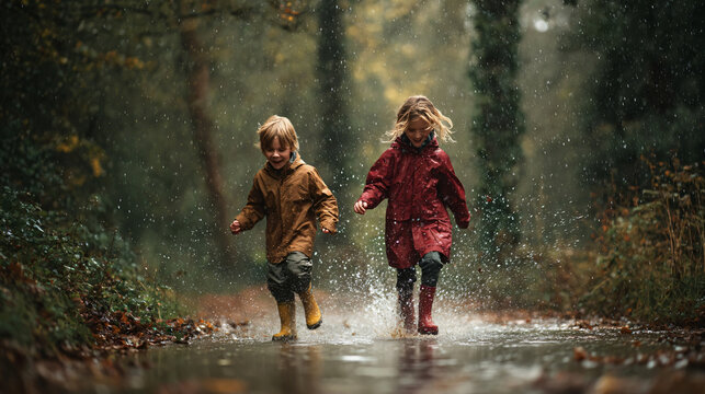 Children in Rain: Two young children, one in a yellow coat and the other in a red coat, joyfully splash through puddles on a forest path during a gentle rain.