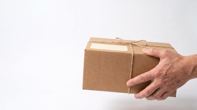 Hand holding brown cardboard package tied with string for delivery