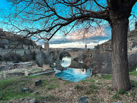 Toledo, Castile-La Mancha, Spain - 27 December 2025: View of the historic Puente de San Martin stone bridge spanning the Tagus River, framed by a large tree in the foreground under a cloudy sky.