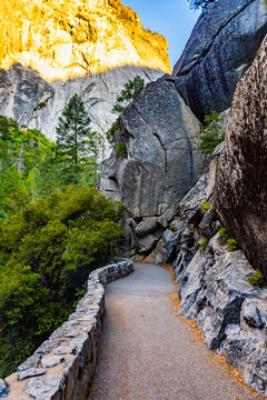 Scenic paved Mist Trail view in Yosemite Valley