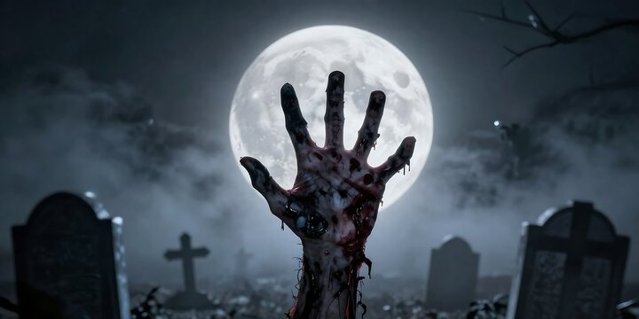 Zombie hand emerging from the ground at a graveyard under a full moon