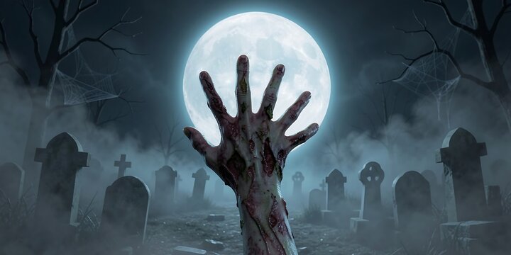 Creepy zombie hand rising from a misty graveyard under a full moon with cemetery