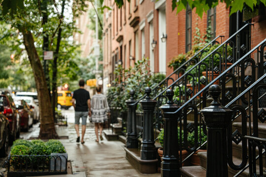 A couple walks along a tree lined New York City brownstone street with red brick buildings and black iron stair railings. Wet sidewalk, parked cars, and greenery create a cozy urban neighborhood
