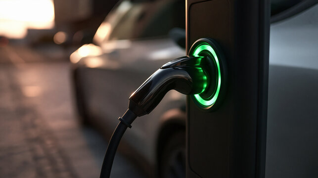 Electric Vehicle Charging at Outdoor Charging Station at Sunset