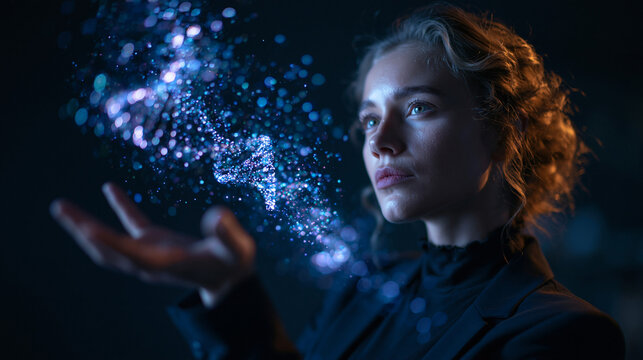 Biotech Scientist Examining Glowing DNA Strand Hologram