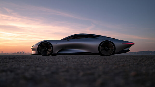 Futuristic Silver Concept Electric Sports Car at Sunset