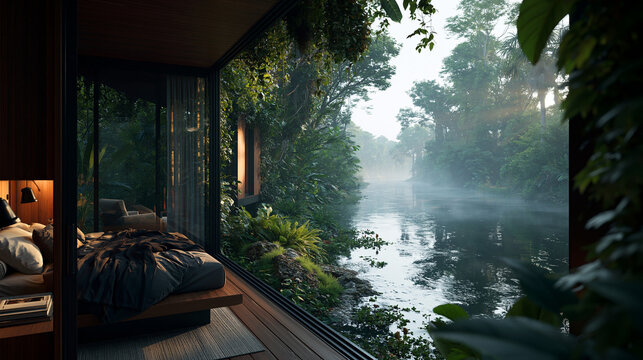 Modern Luxury Bedroom with Glass Wall Overlooking Tropical River