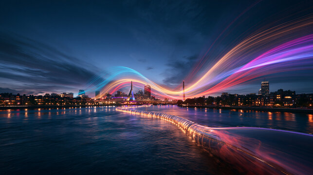 Futuristic Light Trails Over City Skyline Representing Smart City Data Network