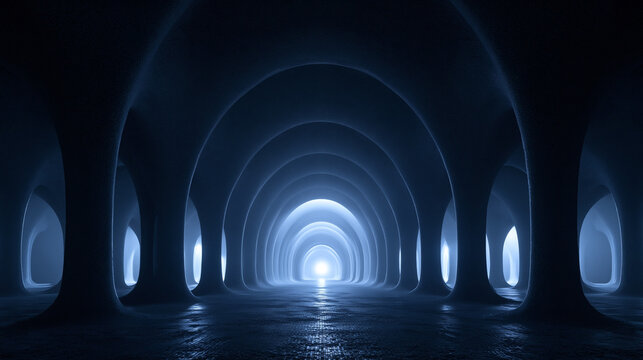 Futuristic Underground Hallway with Archways and Glowing Light