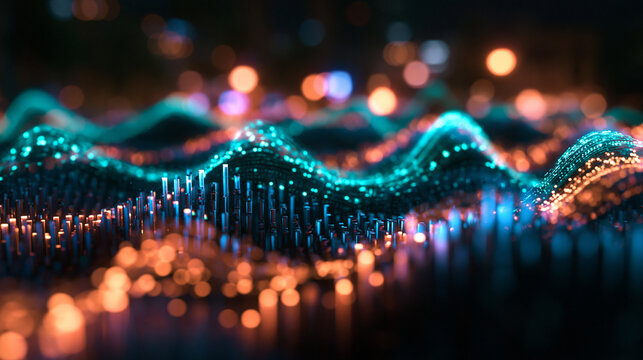 Futuristic Digital Data Wave with Glowing Particles and Lights