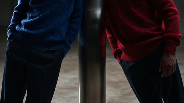 Two Men in Blue and Red Sweaters Leaning Against Pillar