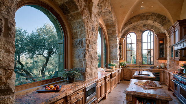 Luxury Mediterranean Style Kitchen with Arched Stone Windows