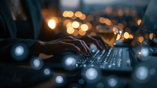 Hands Typing on Laptop Keyboard Working Late at Night