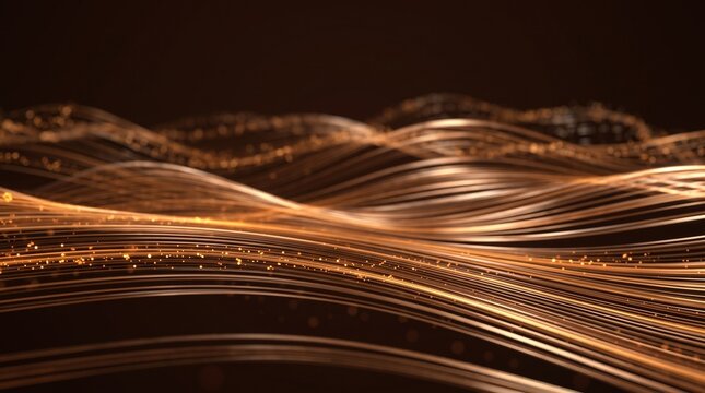 Golden Wavy Lines with Glowing Particles Abstract Tech Background