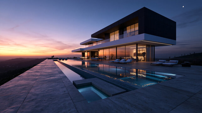 Modern Luxury Villa with Infinity Pool at Sunset