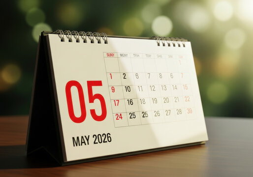 Desktop spiral calendar showing month of may year twenty twenty six with red number five highlighting specific date on wooden table surface.