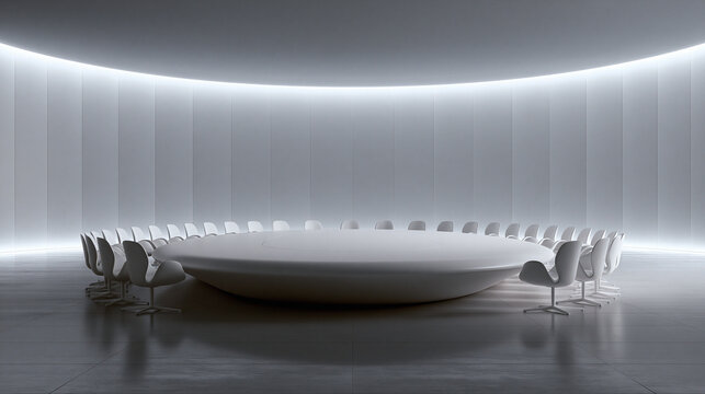 Futuristic Minimalist Boardroom with Large Round Table