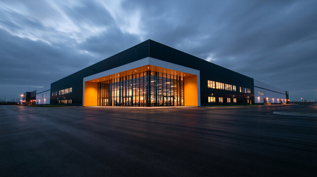 Modern Warehouse and Distribution Center Exterior at Dusk