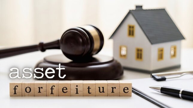 Asset forfeiture concept with judge gavel and house model on desk