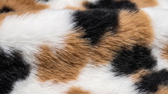 Close-up of calico faux fur fabric texture with black, orange, and white patches