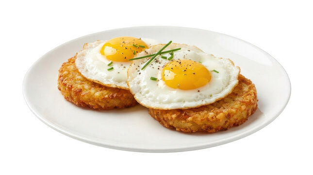 Fried eggs on crispy hash browns on a plate isolated on transparent background