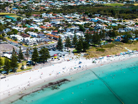 Aerial view of Middleton Beach with turquoise water, white sand, and coastal residential buildings in Middleton Beach, Western Australia, Australia.
