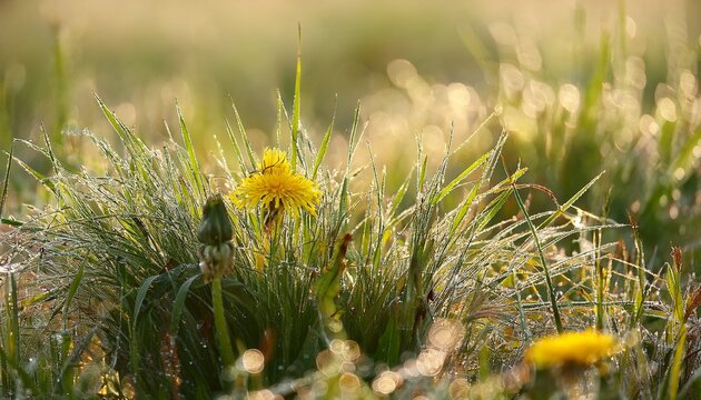 Dewy Crabgrass With Yellow Dandelion Flower In Morning Field