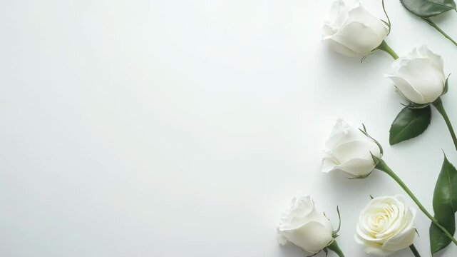 White roses on clean white background. Minimalist floral flat lay with copy space. Elegant romantic concept