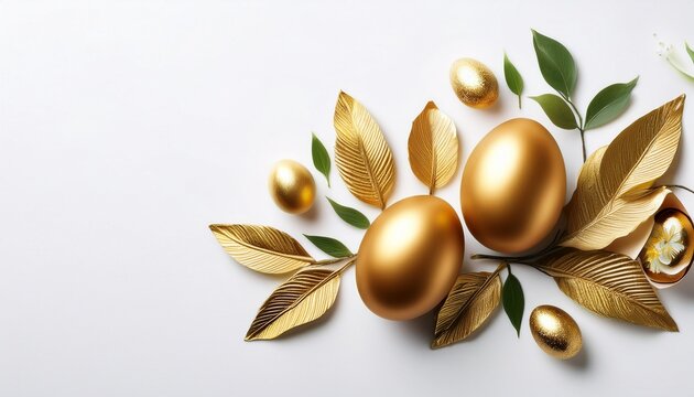 Golden Eggs And Floral Elements On White Background