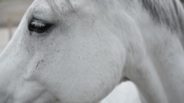 Close-up of a white horse's eyes. Ideal for projects about nature, animals, agriculture, and equine farming.