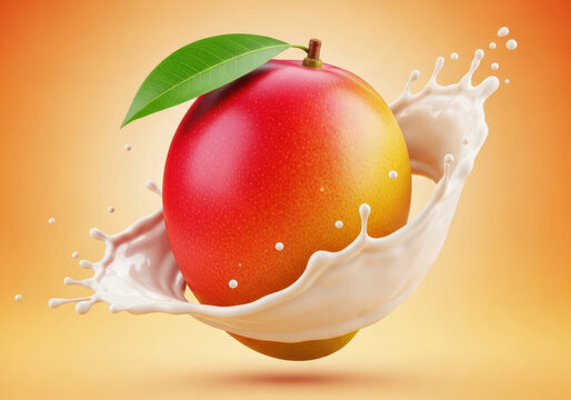 Fresh whole mango fruit suspended in air splashing into creamy white yogurt milk liquid swirl against soft golden orange background studio shot.