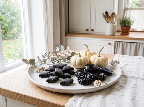 Nordic Salmiakki and Black Liquorice Sweets on White Ceramic Plate for Halloween