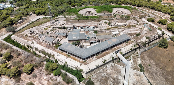 Aerial view of Fort Madliena, a 19th century fort on Malta coast with radar