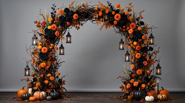 Beautiful floral arch decorated with pumpkins and lanterns for a festive autumn or halloween wedding celebration