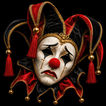 Venetian jester mask with red and black costume, carnival mystery and theatrical concept