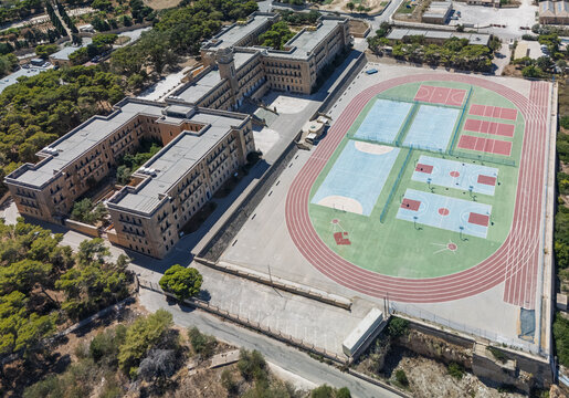 Aerial view of St Clare's College campus and sports grounds in Malta, Pembroke