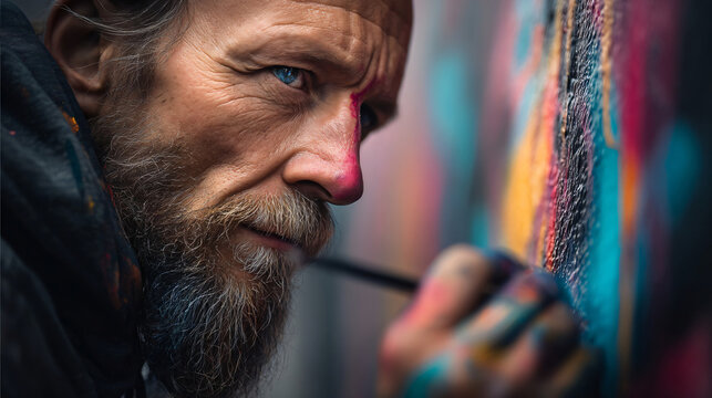 Artist's Intense Focus: A mature artist with a grizzled beard and piercing blue eyes meticulously paints a vibrant mural, his brush strokes creating a masterpiece of color and texture.
