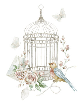 Bird with birdcage watercolor illustration. Vintage composition with floral cage rose flowers isolated on background. Botanical clipart for wedding invitations, stationery, nursery decor.