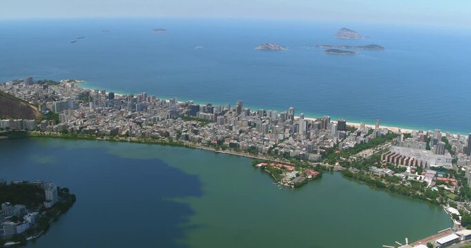 Aerial view of Rodrigo de Freitas Lagoon surrounded by urban buildings and coastal landscape in Rio de Janeiro, State of Rio de Janeiro, Brazil.