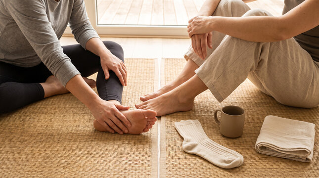 Overhead detail of post-class body care on yoga mats